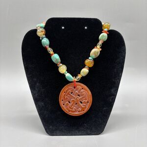 Turquoise Carnelian Agate Necklace Genuine Stone Beads Carved Pendant Statement